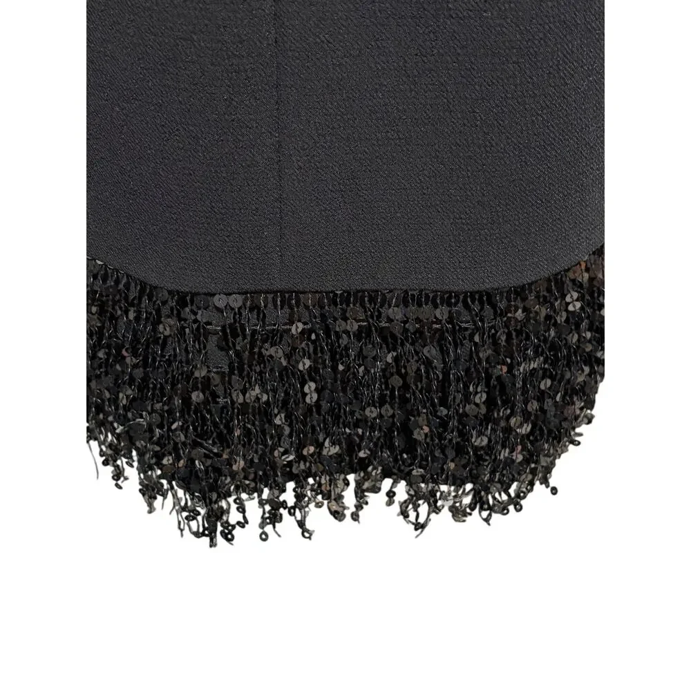 Kate Spade Fringe Hem Shift Dress Black 3/4 Sleeve Size 12 Cocktail